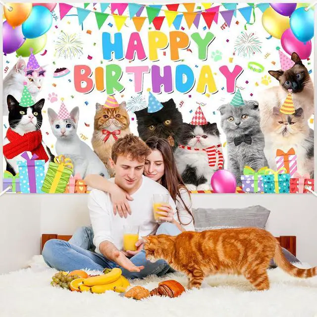 Alt view image 3 of 7 - Avezano Cat Happy Birthday Backdrop Pet Cat Paw Theme Birthday Party Decorations Kitties Pet Themed Party Supplies 70.8 x 43.3 Inch