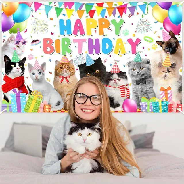 Alt view image 5 of 7 - Avezano Cat Happy Birthday Backdrop Pet Cat Paw Theme Birthday Party Decorations Kitties Pet Themed Party Supplies 70.8 x 43.3 Inch