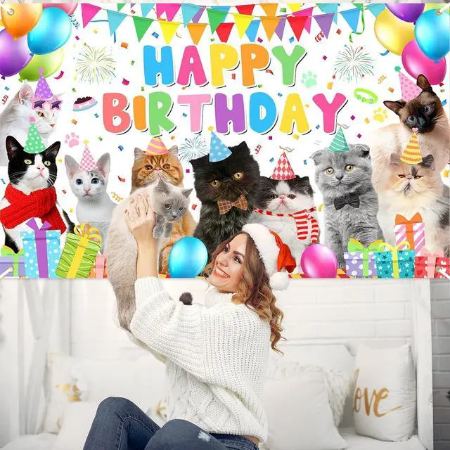 Alt view image 6 of 7 - Avezano Cat Happy Birthday Backdrop Pet Cat Paw Theme Birthday Party Decorations Kitties Pet Themed Party Supplies 70.8 x 43.3 Inch