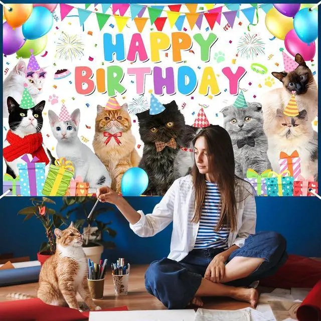 Alt view image 7 of 7 - Avezano Cat Happy Birthday Backdrop Pet Cat Paw Theme Birthday Party Decorations Kitties Pet Themed Party Supplies 70.8 x 43.3 Inch