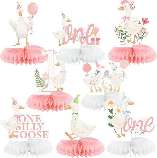 Main image of 8 Pcs One Silly Goose Birthday Decorations Silly Goose Birthday Honeycomb Centerpieces Pink 1st Party Supplies for Women Pink Bow Duck Funny Party Supplies