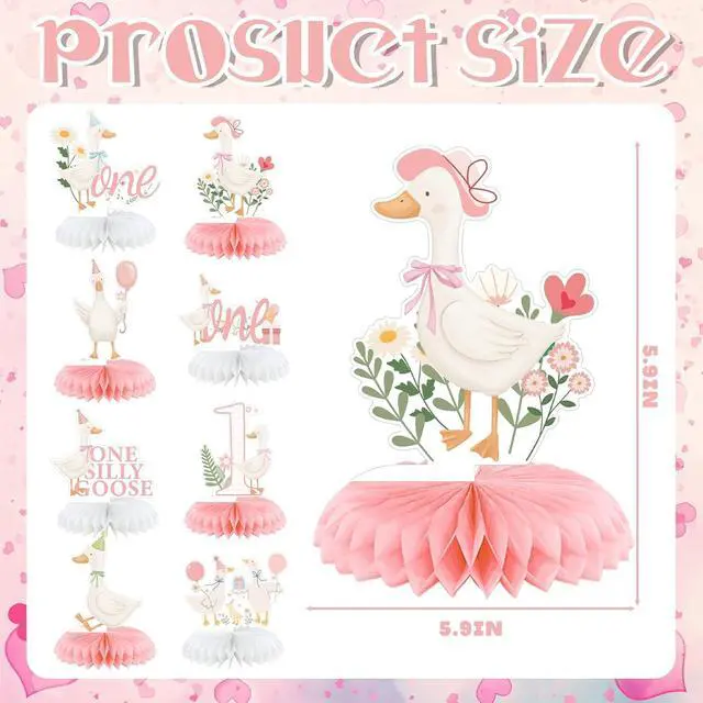 Alt view image 2 of 6 - 8 Pcs One Silly Goose Birthday Decorations Silly Goose Birthday Honeycomb Centerpieces Pink 1st Party Supplies for Women Pink Bow Duck Funny Party Supplies