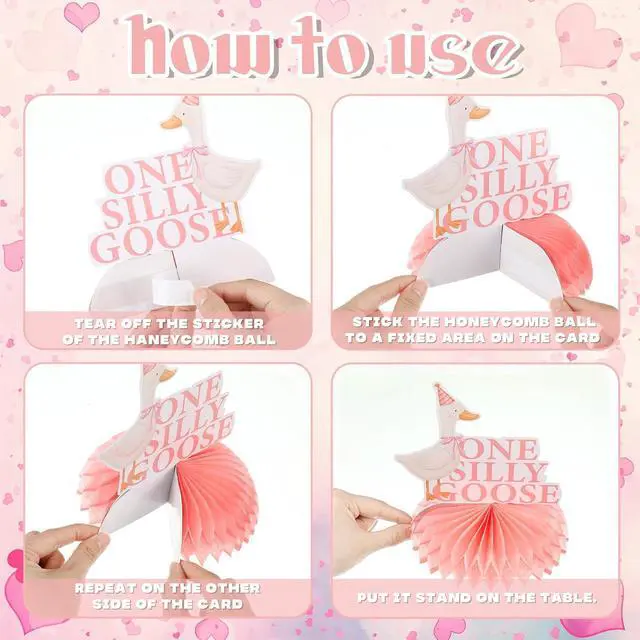 Alt view image 3 of 6 - 8 Pcs One Silly Goose Birthday Decorations Silly Goose Birthday Honeycomb Centerpieces Pink 1st Party Supplies for Women Pink Bow Duck Funny Party Supplies