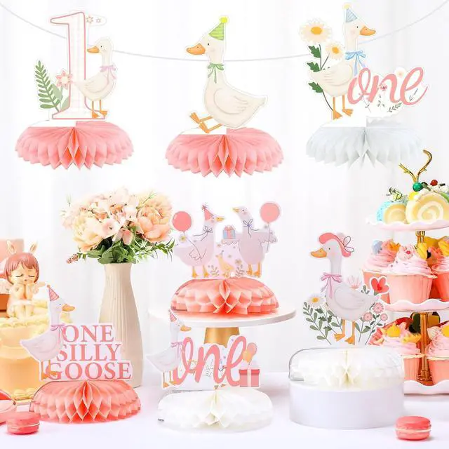 Alt view image 4 of 6 - 8 Pcs One Silly Goose Birthday Decorations Silly Goose Birthday Honeycomb Centerpieces Pink 1st Party Supplies for Women Pink Bow Duck Funny Party Supplies