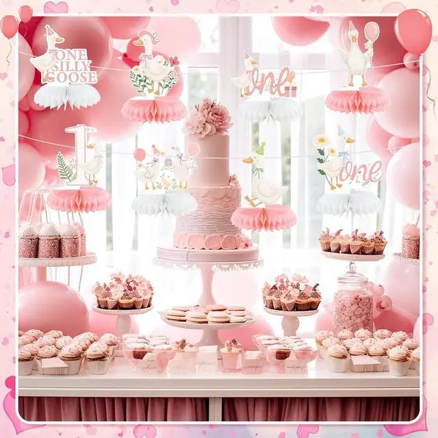 Alt view image 6 of 6 - 8 Pcs One Silly Goose Birthday Decorations Silly Goose Birthday Honeycomb Centerpieces Pink 1st Party Supplies for Women Pink Bow Duck Funny Party Supplies