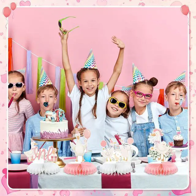 Alt view image 5 of 6 - 8 Pcs One Silly Goose Birthday Decorations Silly Goose Birthday Honeycomb Centerpieces Pink 1st Party Supplies for Women Pink Bow Duck Funny Party Supplies