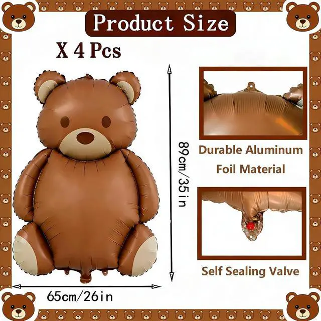 Alt view image 2 of 5 - 4 Pcs Brown Bear Balloons 35 Inch Bear Foil Balloons Jungle Animal Farm Balloon for Birthday Baby Shower Safari Zoo Woodland Themed Party Decoration