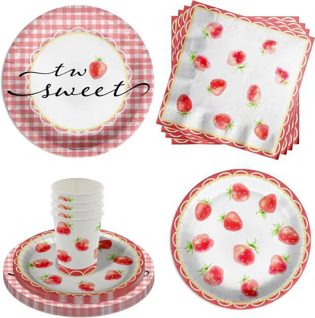 Main image of Two Sweet Strawberry Birthday Party Supplies - 64 Piece Girls Second Birthday Tableware Set Includes Large 9" Dinner Plates and 8" Dessert Paper Plates Napkins Cups - Kit for 16