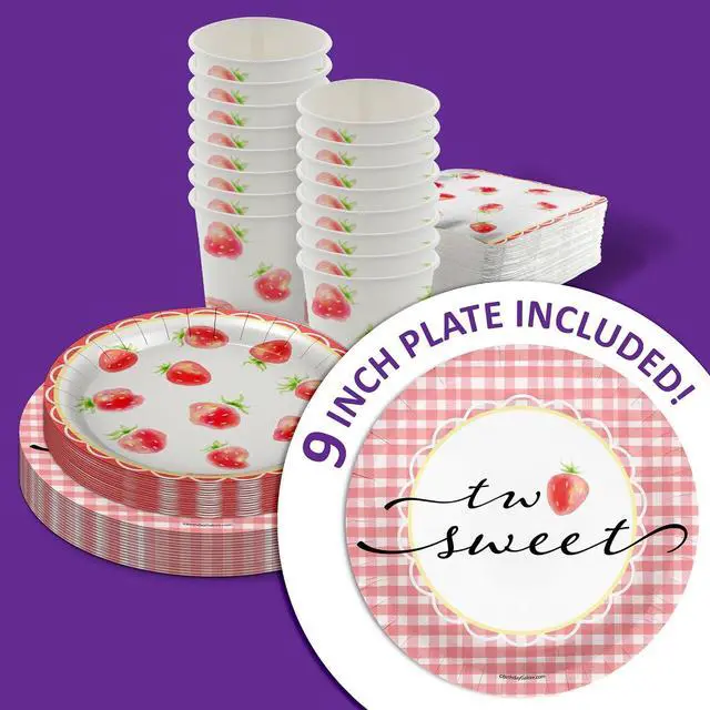 Alt view image 3 of 7 - Two Sweet Strawberry Birthday Party Supplies - 64 Piece Girls Second Birthday Tableware Set Includes Large 9" Dinner Plates and 8" Dessert Paper Plates Napkins Cups - Kit for 16