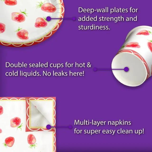 Alt view image 7 of 7 - Two Sweet Strawberry Birthday Party Supplies - 64 Piece Girls Second Birthday Tableware Set Includes Large 9" Dinner Plates and 8" Dessert Paper Plates Napkins Cups - Kit for 16