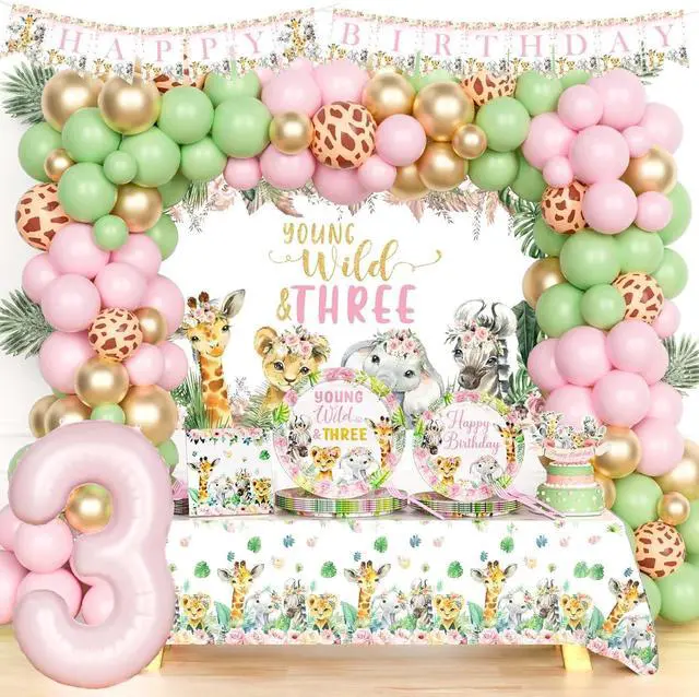 Main image of Hombae Young Wild and Three Party Decorations Girl, Safari 3rd Birthday Decorations, Jungle Animal Theme 3 Year Old Party Supplies Backdrop Balloon Banner Tablecloth Cake Topper Plates Napkins Forks