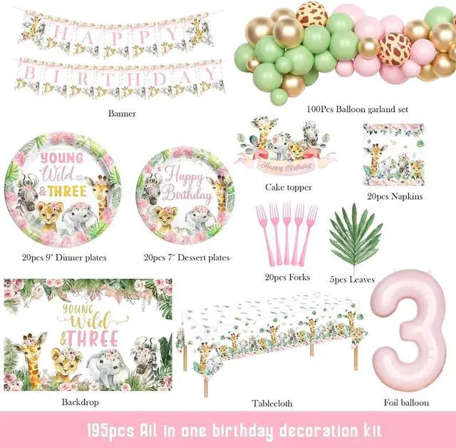 Alt view image 2 of 6 - Hombae Young Wild and Three Party Decorations Girl, Safari 3rd Birthday Decorations, Jungle Animal Theme 3 Year Old Party Supplies Backdrop Balloon Banner Tablecloth Cake Topper Plates Napkins Forks