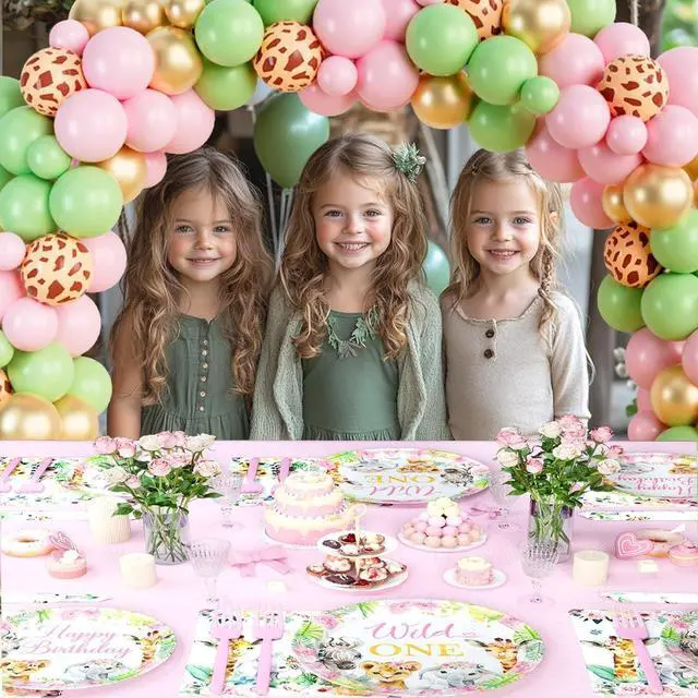 Alt view image 6 of 6 - Hombae Young Wild and Three Party Decorations Girl, Safari 3rd Birthday Decorations, Jungle Animal Theme 3 Year Old Party Supplies Backdrop Balloon Banner Tablecloth Cake Topper Plates Napkins Forks