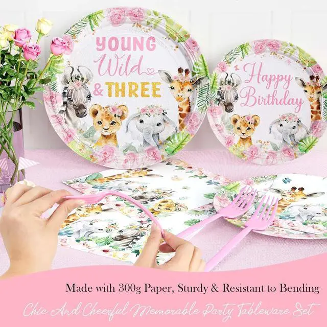 Alt view image 5 of 6 - Hombae Young Wild and Three Party Decorations Girl, Safari 3rd Birthday Decorations, Jungle Animal Theme 3 Year Old Party Supplies Backdrop Balloon Banner Tablecloth Cake Topper Plates Napkins Forks