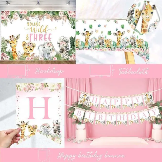 Alt view image 4 of 6 - Hombae Young Wild and Three Party Decorations Girl, Safari 3rd Birthday Decorations, Jungle Animal Theme 3 Year Old Party Supplies Backdrop Balloon Banner Tablecloth Cake Topper Plates Napkins Forks