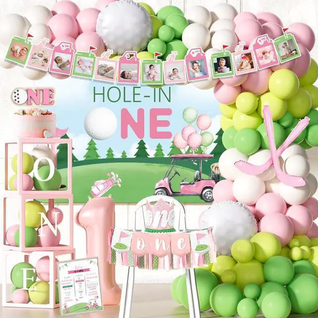 Main image of Party Inspo Hole in One Birthday Decorations Girl 111PCS Golf Theme First Party Supplies with Backdrop, Pink Green Balloon Garland, 1st Birthday Banner, Boxes, Poster for One Year Old Girl
