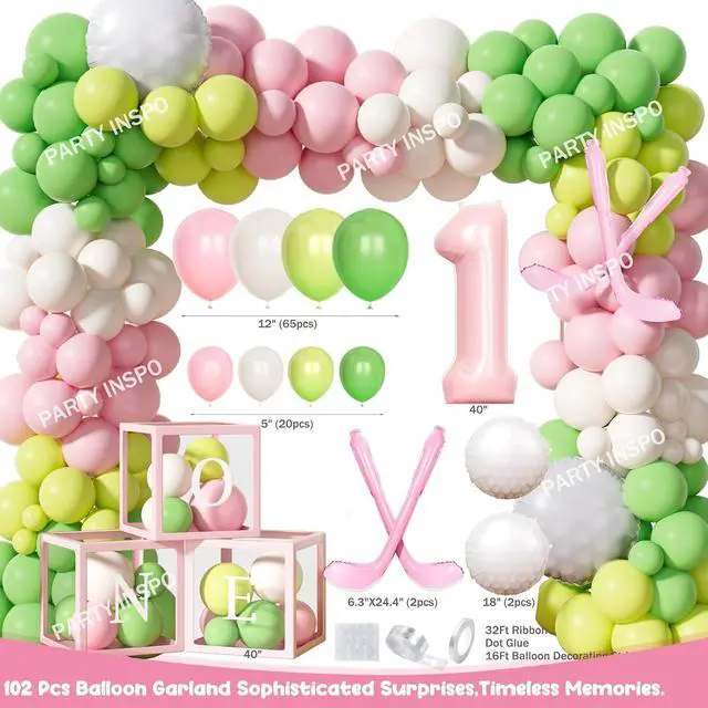 Alt view image 3 of 6 - Party Inspo Hole in One Birthday Decorations Girl 111PCS Golf Theme First Party Supplies with Backdrop, Pink Green Balloon Garland, 1st Birthday Banner, Boxes, Poster for One Year Old Girl
