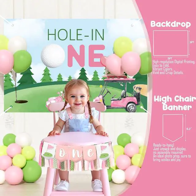 Alt view image 5 of 6 - Party Inspo Hole in One Birthday Decorations Girl 111PCS Golf Theme First Party Supplies with Backdrop, Pink Green Balloon Garland, 1st Birthday Banner, Boxes, Poster for One Year Old Girl