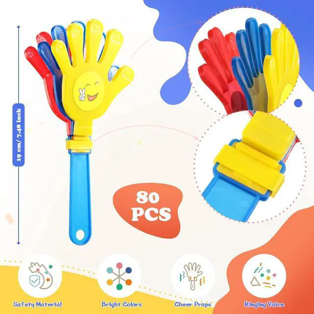 Alt view image 2 of 6 - Sratte 80 Pcs Hand Clappers Plastic Noise Makers Party Favors Game Accessories Clapping Hands Noisemakers for Sporting Events Company Fiesta Party Birthday Gift Supplies (7.5 Inch, Sticker Style)