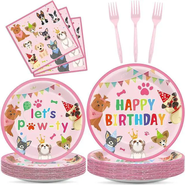 Main image of 200Pcs Dog Birthday Party Decorations Puppy Tableware Dinnerware Set Pink Pet Lets Pawty Theme Paper Plates and Napkins Paw Print Disposable Dessert Cake Plates Supplies for Girls Birthday Favors