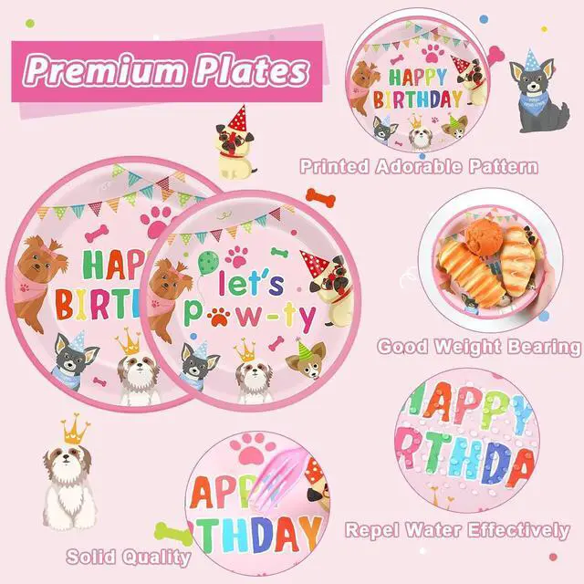 Alt view image 3 of 7 - 200Pcs Dog Birthday Party Decorations Puppy Tableware Dinnerware Set Pink Pet Lets Pawty Theme Paper Plates and Napkins Paw Print Disposable Dessert Cake Plates Supplies for Girls Birthday Favors