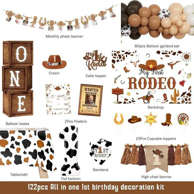 Alt view image 2 of 6 - Hombae My First Rodeo Decorations Boy 122PCs Cowboy Theme 1st Birthday Party Supplies Set with Backdrop, Balloon Garland, Banner, Tablecloth, Boxes, Poster for One Year Old Boy