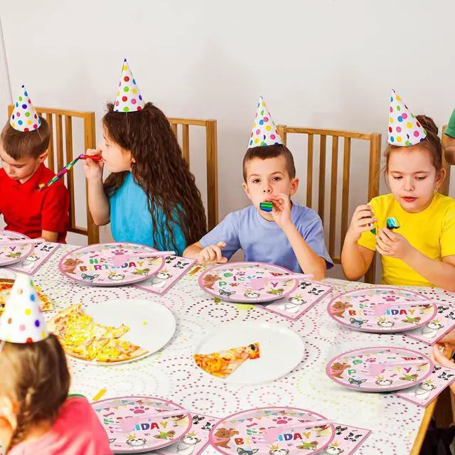 Alt view image 6 of 7 - 200Pcs Dog Birthday Party Decorations Puppy Tableware Dinnerware Set Pink Pet Lets Pawty Theme Paper Plates and Napkins Paw Print Disposable Dessert Cake Plates Supplies for Girls Birthday Favors