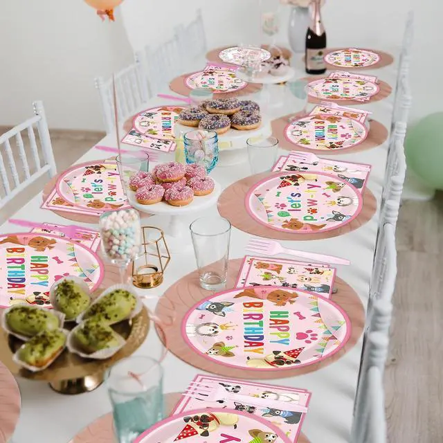 Alt view image 7 of 7 - 200Pcs Dog Birthday Party Decorations Puppy Tableware Dinnerware Set Pink Pet Lets Pawty Theme Paper Plates and Napkins Paw Print Disposable Dessert Cake Plates Supplies for Girls Birthday Favors