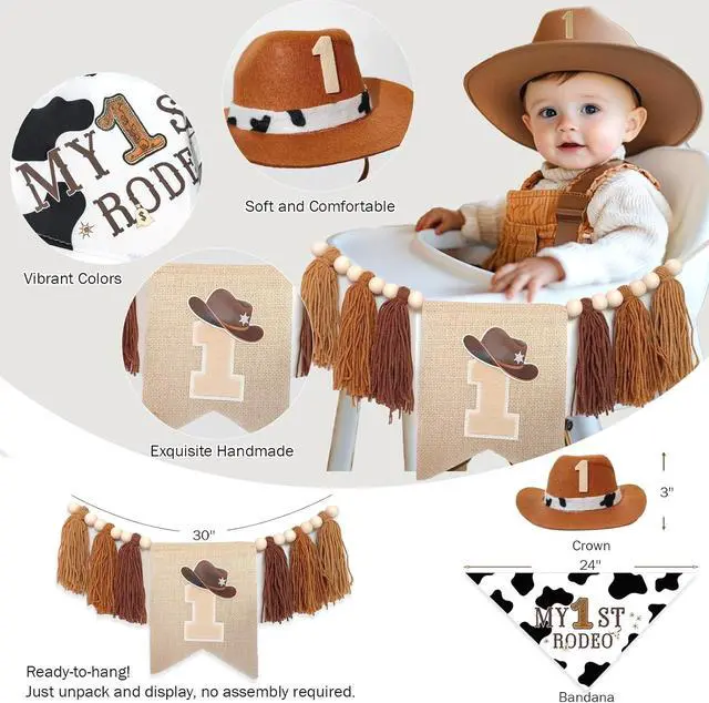 Alt view image 4 of 6 - Hombae My First Rodeo Decorations Boy 122PCs Cowboy Theme 1st Birthday Party Supplies Set with Backdrop, Balloon Garland, Banner, Tablecloth, Boxes, Poster for One Year Old Boy