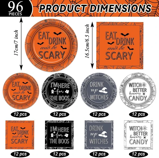 Alt view image 2 of 7 - 96 Pcs Halloween Party Decorations Halloween Paper Plates and Napkins Halloween Party Supplies Drink up Witches Hat Little Scary Spiderweb Boo Tableware Set for Halloween Disposable Decorations