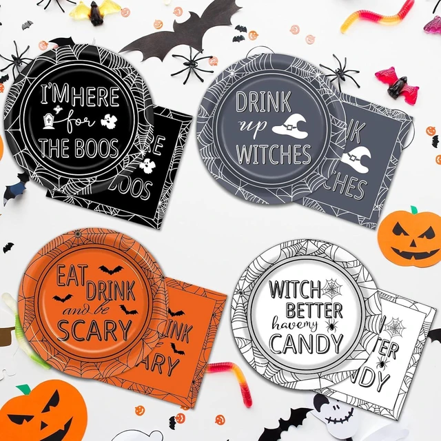 Alt view image 6 of 7 - 96 Pcs Halloween Party Decorations Halloween Paper Plates and Napkins Halloween Party Supplies Drink up Witches Hat Little Scary Spiderweb Boo Tableware Set for Halloween Disposable Decorations