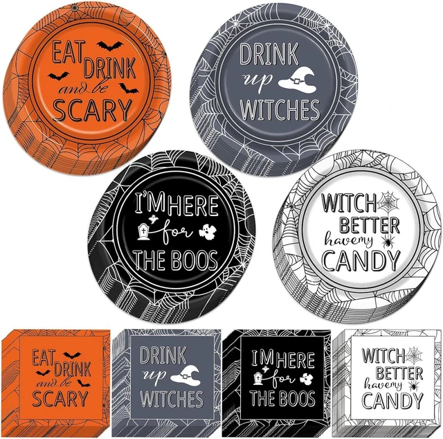 Main image of 96 Pcs Halloween Party Decorations Halloween Paper Plates and Napkins Halloween Party Supplies Drink up Witches Hat Little Scary Spiderweb Boo Tableware Set for Halloween Disposable Decorations