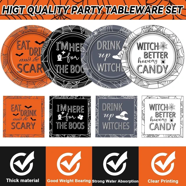 Alt view image 3 of 7 - 96 Pcs Halloween Party Decorations Halloween Paper Plates and Napkins Halloween Party Supplies Drink up Witches Hat Little Scary Spiderweb Boo Tableware Set for Halloween Disposable Decorations