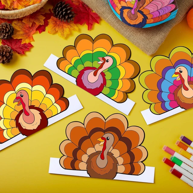 Alt view image 3 of 7 - JOYIN 24 Pcs Thanksgiving Coloring Headbands, Color Your Own Turkey Crowns Kids Craft Set for Thanksgiving Kids School Activities Class Events Party Decoration Supplies