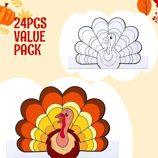Alt view image 2 of 7 - JOYIN 24 Pcs Thanksgiving Coloring Headbands, Color Your Own Turkey Crowns Kids Craft Set for Thanksgiving Kids School Activities Class Events Party Decoration Supplies