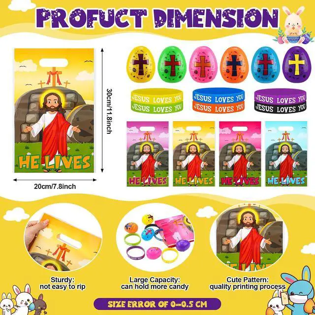 Alt view image 2 of 7 - 108 Pcs Easter Religious Party Favor Set Include 36 Pcs Easter Eggs Fillers 36 Pack Christian Goody Bags 36 Pack Jesus Loves You Wristbands Party Supplies for Gift Church (Jesus)