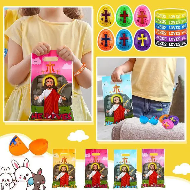 Alt view image 6 of 7 - 108 Pcs Easter Religious Party Favor Set Include 36 Pcs Easter Eggs Fillers 36 Pack Christian Goody Bags 36 Pack Jesus Loves You Wristbands Party Supplies for Gift Church (Jesus)