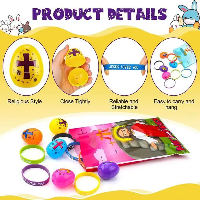 Alt view image 3 of 7 - 108 Pcs Easter Religious Party Favor Set Include 36 Pcs Easter Eggs Fillers 36 Pack Christian Goody Bags 36 Pack Jesus Loves You Wristbands Party Supplies for Gift Church (Jesus)