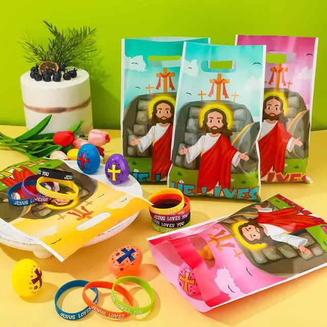 Alt view image 4 of 7 - 108 Pcs Easter Religious Party Favor Set Include 36 Pcs Easter Eggs Fillers 36 Pack Christian Goody Bags 36 Pack Jesus Loves You Wristbands Party Supplies for Gift Church (Jesus)