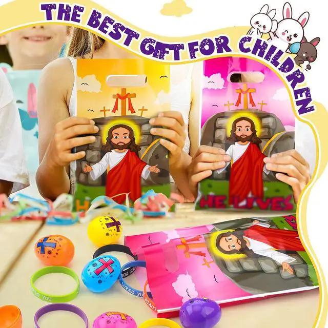 Alt view image 5 of 7 - 108 Pcs Easter Religious Party Favor Set Include 36 Pcs Easter Eggs Fillers 36 Pack Christian Goody Bags 36 Pack Jesus Loves You Wristbands Party Supplies for Gift Church (Jesus)