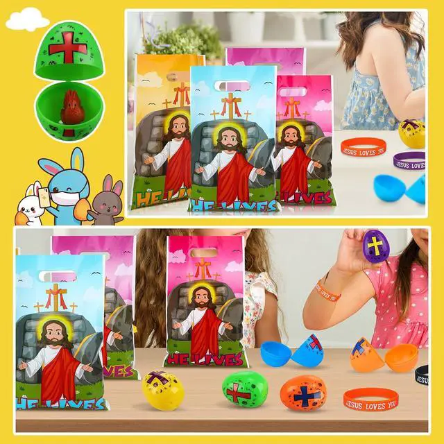 Alt view image 7 of 7 - 108 Pcs Easter Religious Party Favor Set Include 36 Pcs Easter Eggs Fillers 36 Pack Christian Goody Bags 36 Pack Jesus Loves You Wristbands Party Supplies for Gift Church (Jesus)