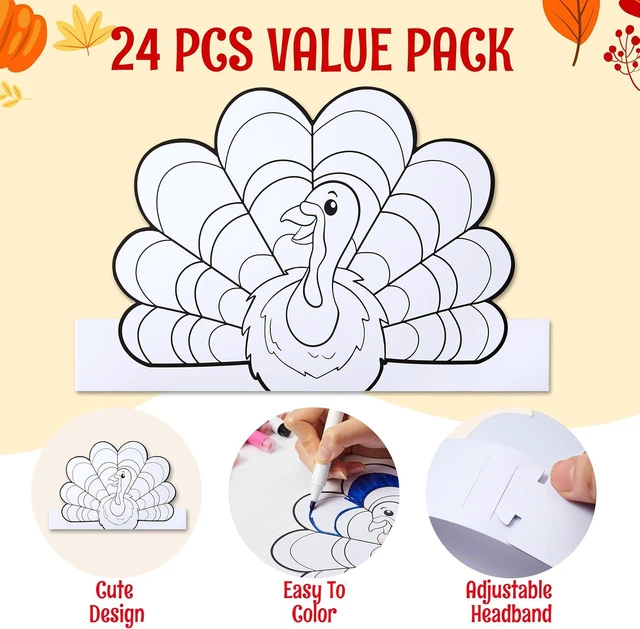 Alt view image 6 of 7 - JOYIN 24 Pcs Thanksgiving Coloring Headbands, Color Your Own Turkey Crowns Kids Craft Set for Thanksgiving Kids School Activities Class Events Party Decoration Supplies