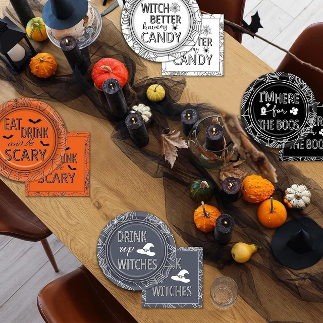 Alt view image 4 of 7 - 96 Pcs Halloween Party Decorations Halloween Paper Plates and Napkins Halloween Party Supplies Drink up Witches Hat Little Scary Spiderweb Boo Tableware Set for Halloween Disposable Decorations