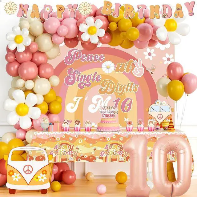 Main image of Party Inspo Peace Out Single Digits Party Décor, 10th Birthday Decorations for Girl, Groovy Im 10 Backdrop Banner Cake Topper Number 10 Foil Balloon for Boho Ten is a Vibe Birthday Party