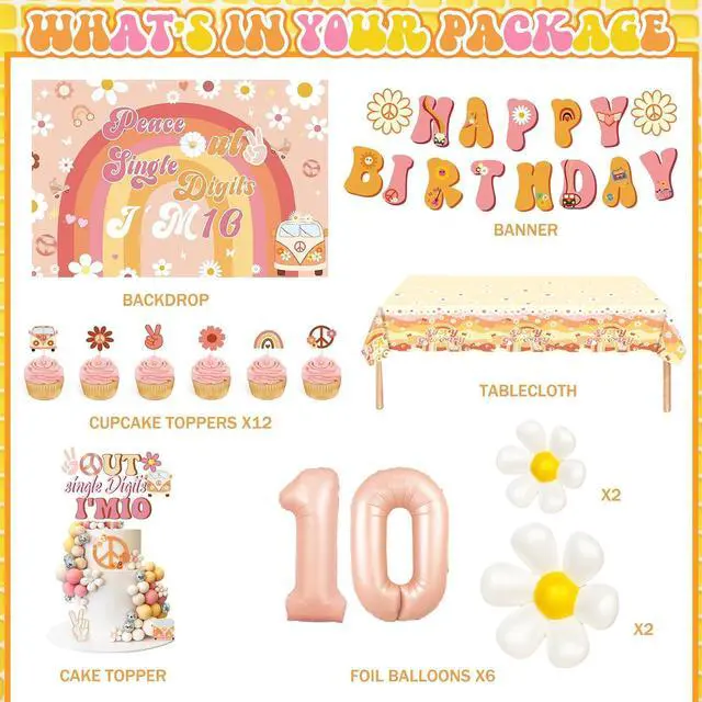 Alt view image 2 of 7 - Party Inspo Peace Out Single Digits Party Décor, 10th Birthday Decorations for Girl, Groovy Im 10 Backdrop Banner Cake Topper Number 10 Foil Balloon for Boho Ten is a Vibe Birthday Party