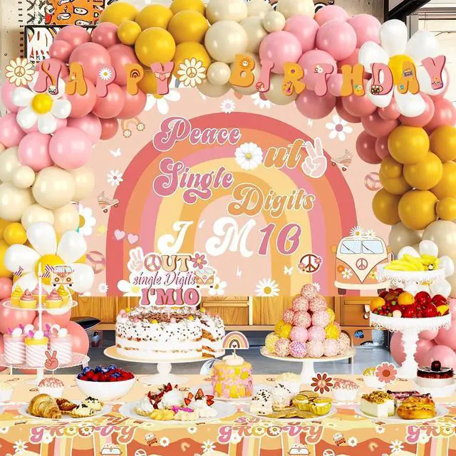 Alt view image 7 of 7 - Party Inspo Peace Out Single Digits Party Décor, 10th Birthday Decorations for Girl, Groovy Im 10 Backdrop Banner Cake Topper Number 10 Foil Balloon for Boho Ten is a Vibe Birthday Party