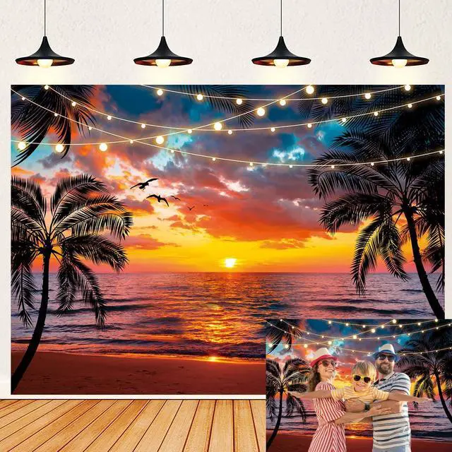 Main image of Sunset Beach Backdrop Seaside Palm Tree Photography Background Summer Tropical Hawaii Scenery Banner for Aloha Luau Wedding Holiday Birthday Party Decorations Supplies (120x96 inch (10x8FT))