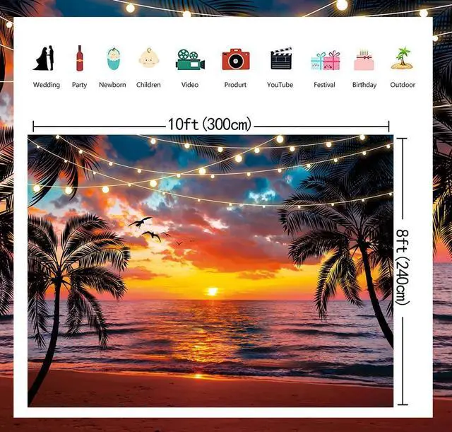 Alt view image 2 of 7 - Sunset Beach Backdrop Seaside Palm Tree Photography Background Summer Tropical Hawaii Scenery Banner for Aloha Luau Wedding Holiday Birthday Party Decorations Supplies (120x96 inch (10x8FT))