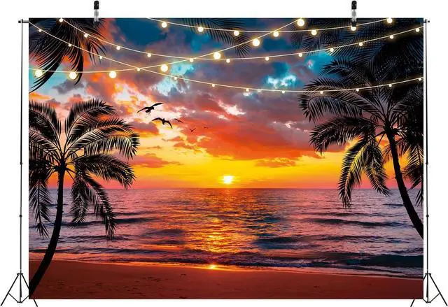 Alt view image 6 of 7 - Sunset Beach Backdrop Seaside Palm Tree Photography Background Summer Tropical Hawaii Scenery Banner for Aloha Luau Wedding Holiday Birthday Party Decorations Supplies (94X70 inch (8x6FT))