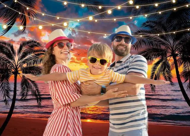 Alt view image 3 of 7 - Sunset Beach Backdrop Seaside Palm Tree Photography Background Summer Tropical Hawaii Scenery Banner for Aloha Luau Wedding Holiday Birthday Party Decorations Supplies (94X70 inch (8x6FT))